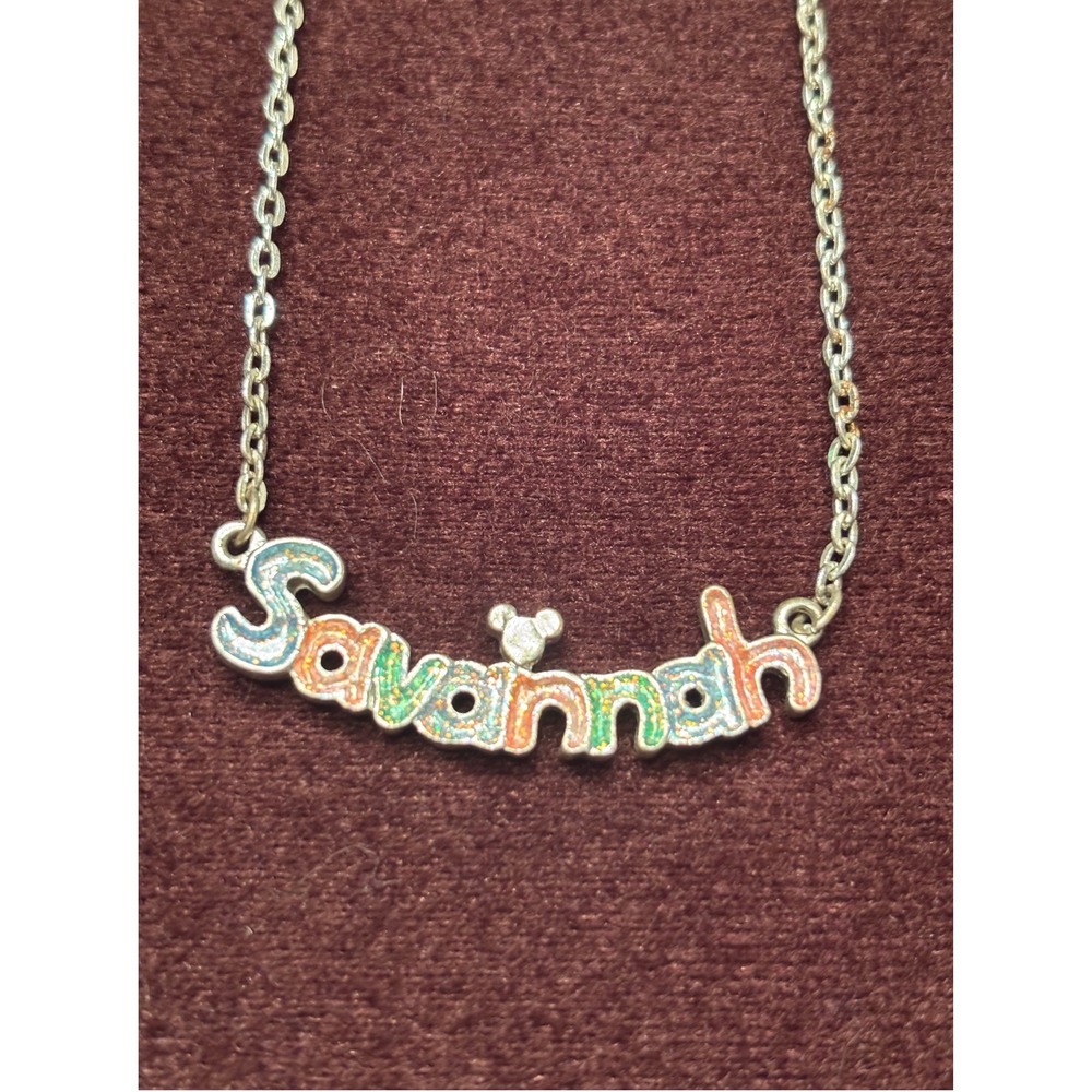 Disney Parks Savannah Name Necklace Silver Tone Mickey Mouse Icon Glitter Enamel